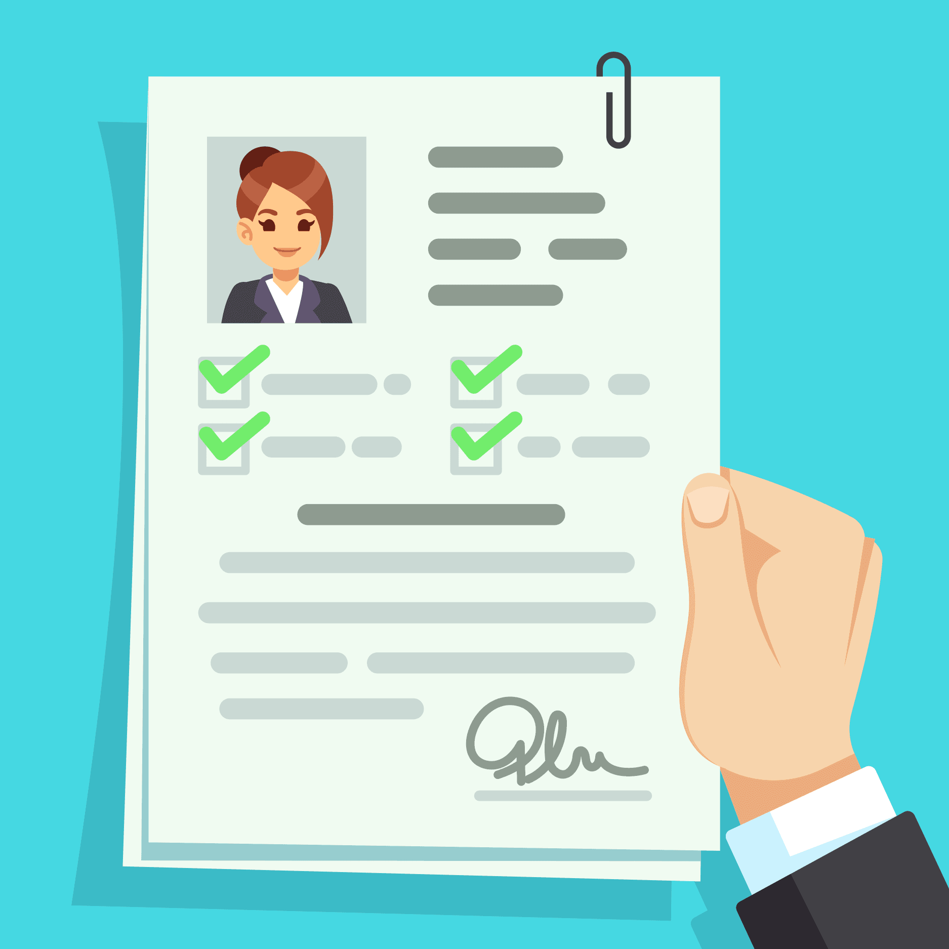 Illustrated application form with a photo, checkmarks and a signature