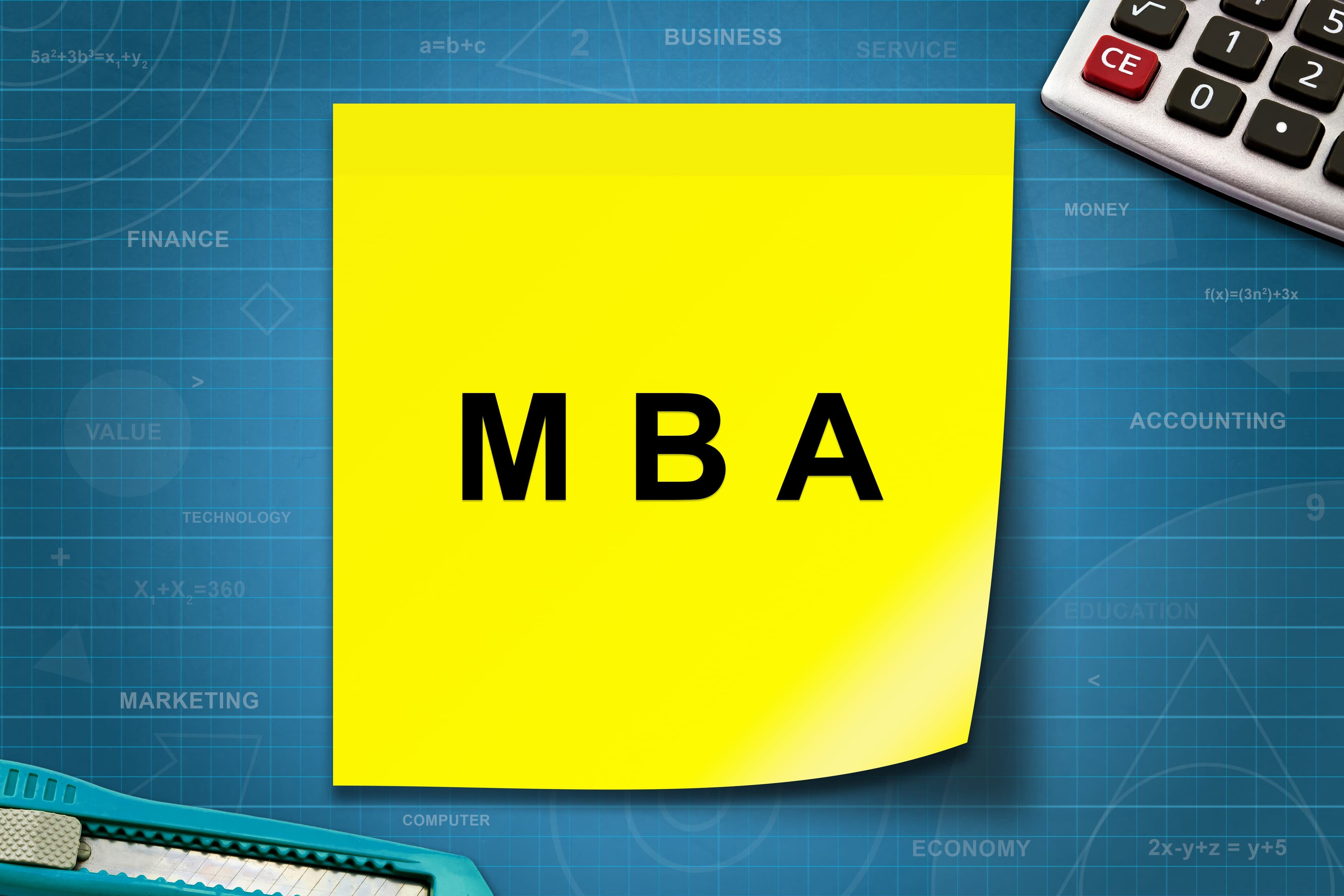 MBA sticky note on a blue business background with calculator and finance keywords