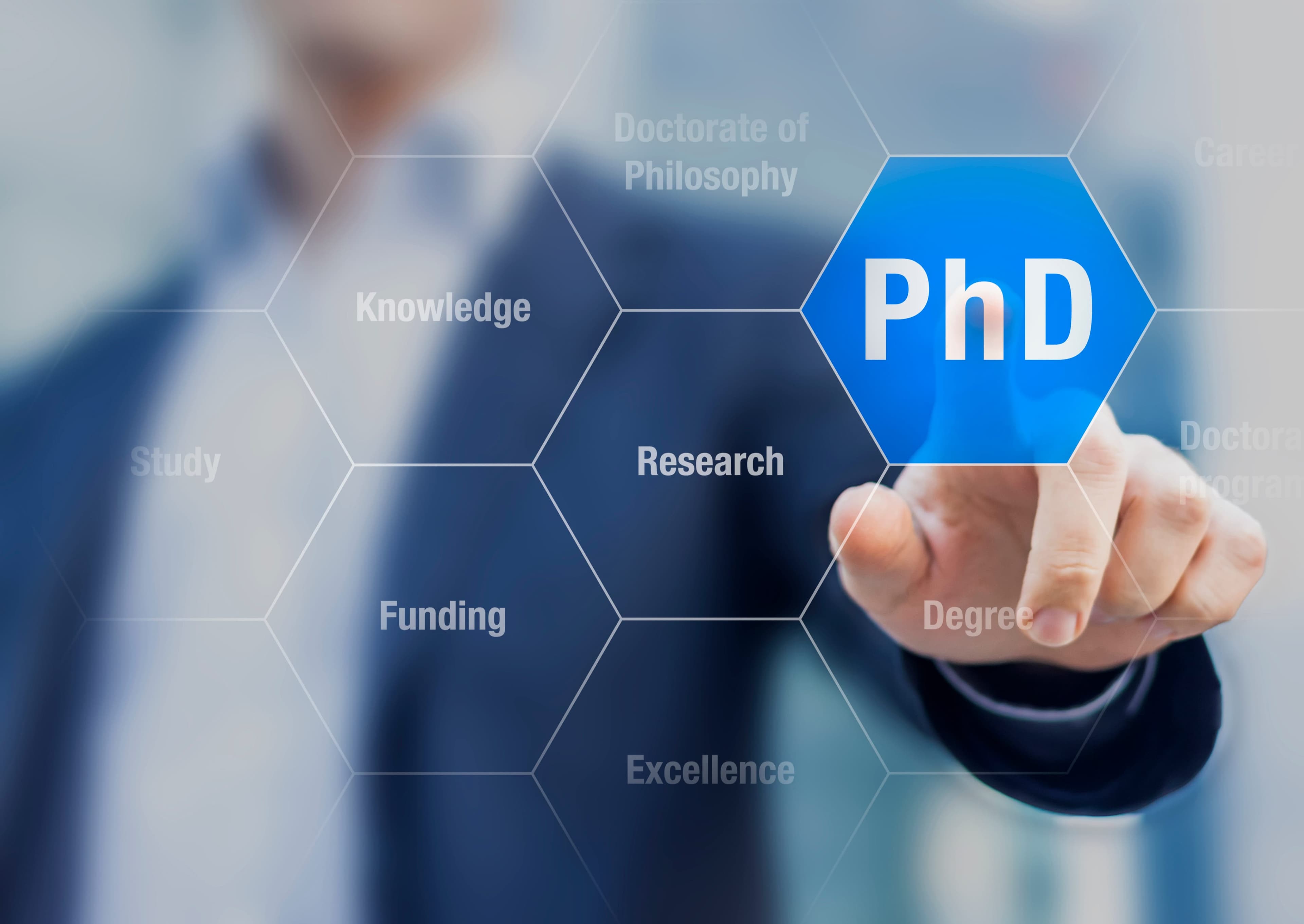 PhD concept graphic with hexagonal network showing Knowledge, Research, Funding, Degree and Excellence